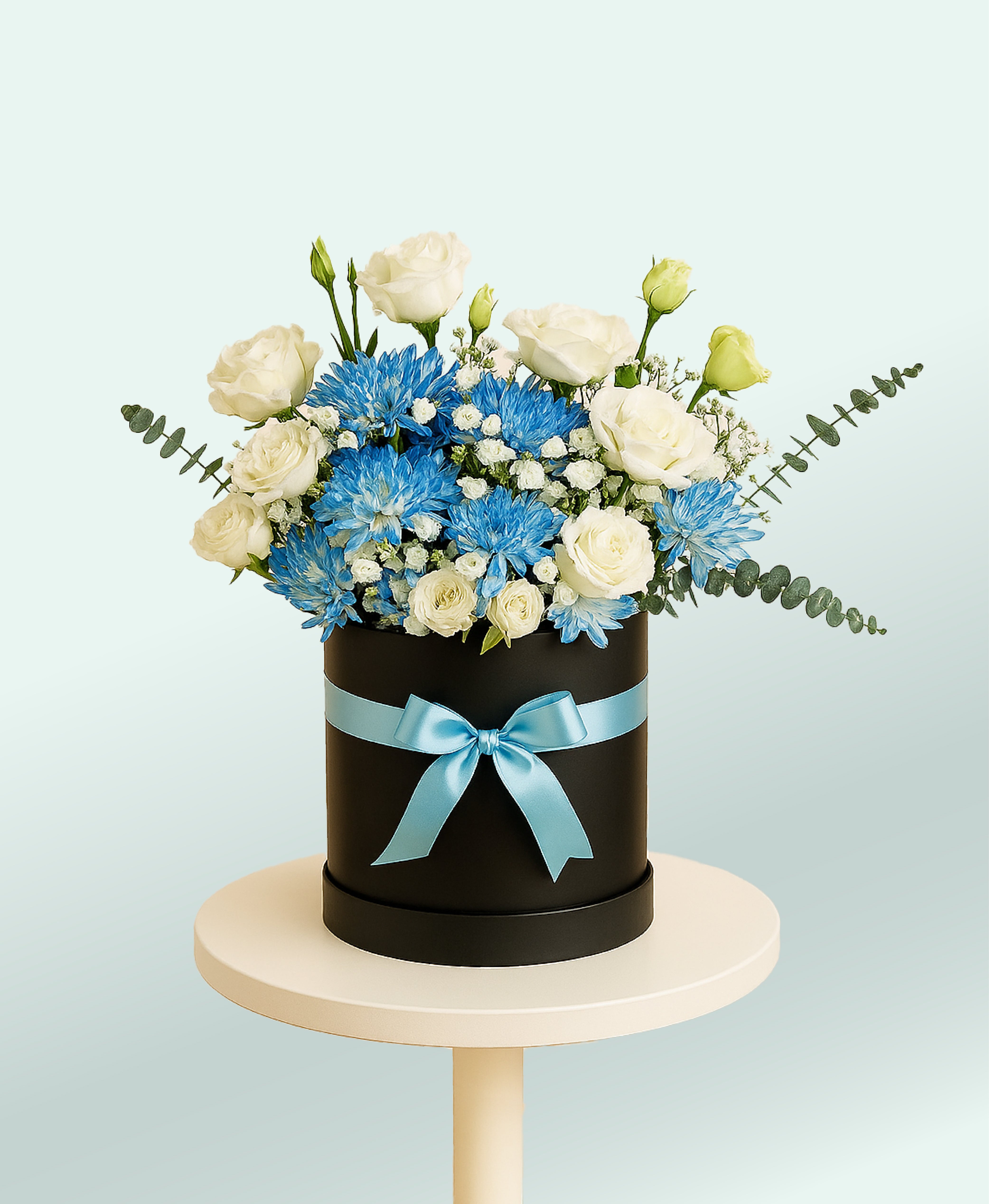 Ocean Breeze Bloom Box – White Roses & Blue Chrysanthemums